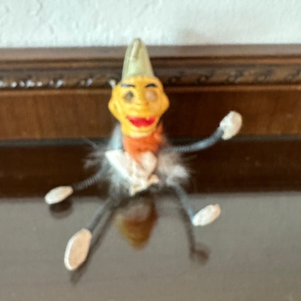 Antique German Jester Spring Toy Ornament 6'' Folk Art Weirdo Xmas Halloween